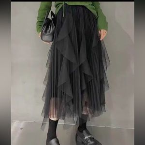 07 Beautiful Elasticity Gauze Pleated Solid Color Midi Skirt